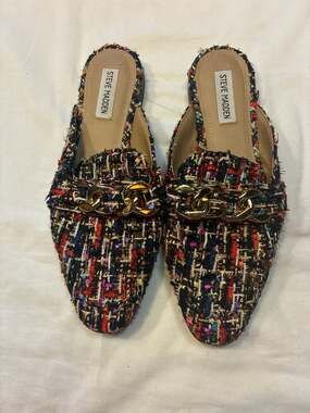 Steve Madden Cassady Multicolor Tweed Loafer Mules with Gold Chain